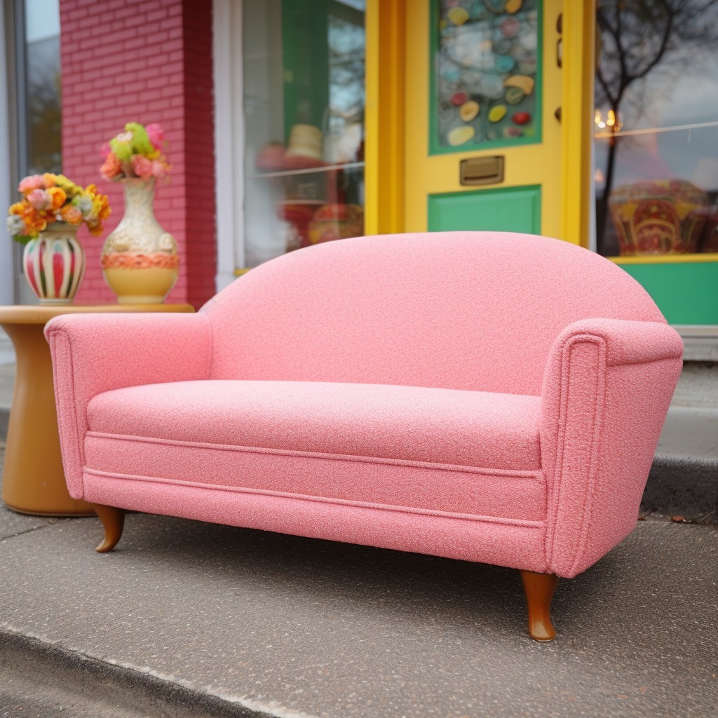 retro styled pink boucle loveseat