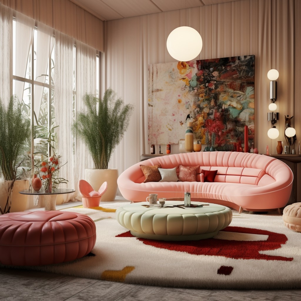 retro themed room with a round boucle sofa