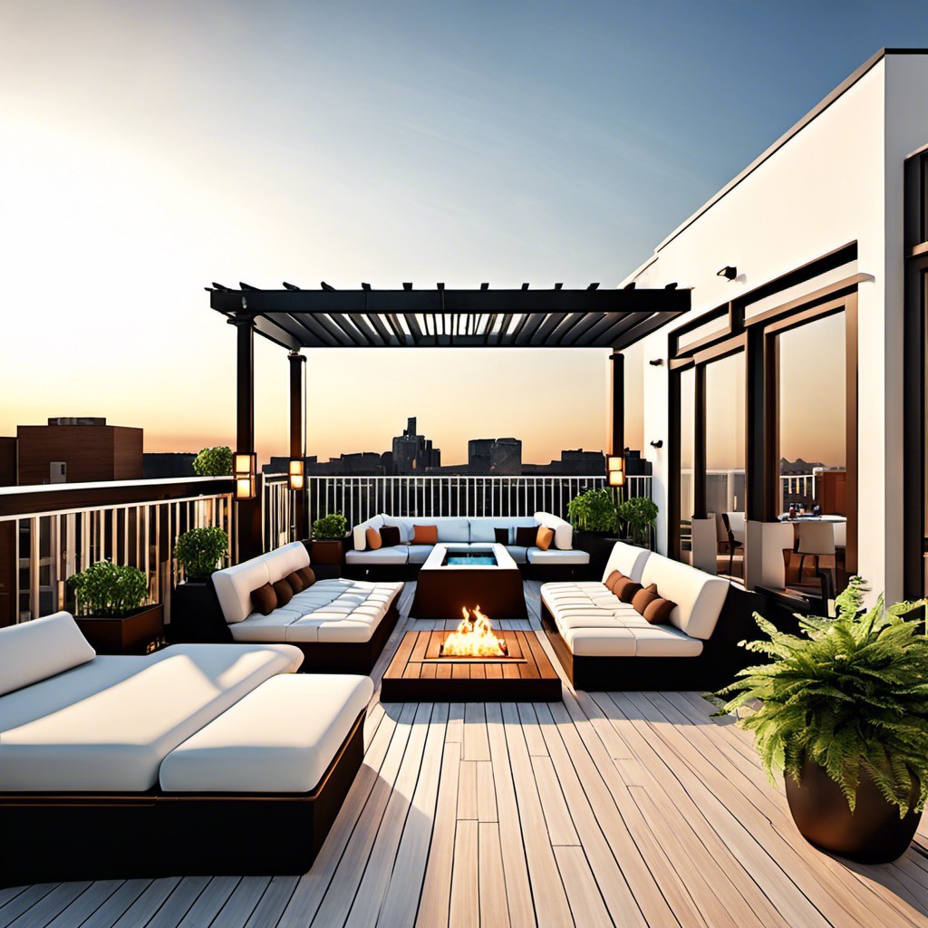 rooftop terrace with hot tub and lounging area