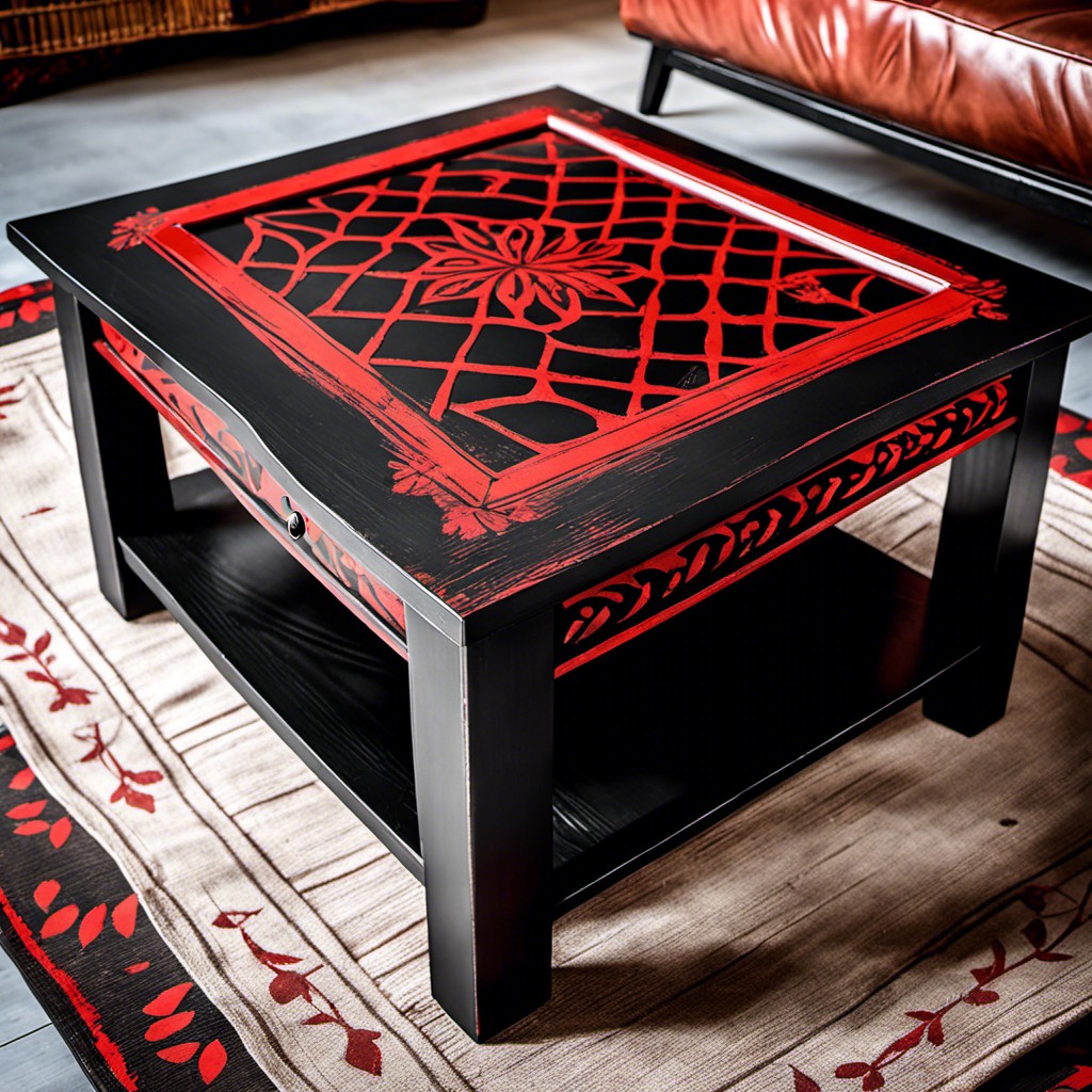 rustic black table with red painted stencil details