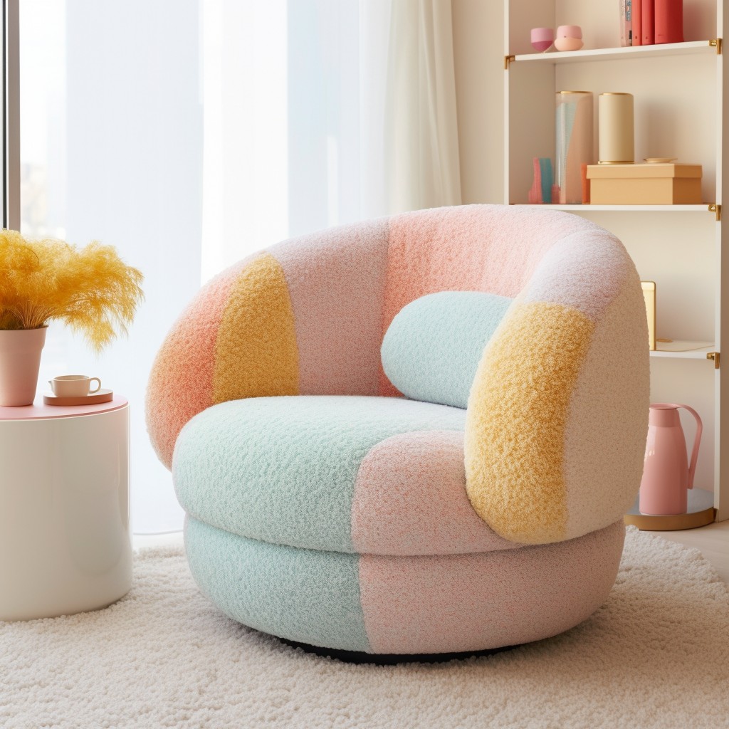 soft pastel colored boucle swivel chair