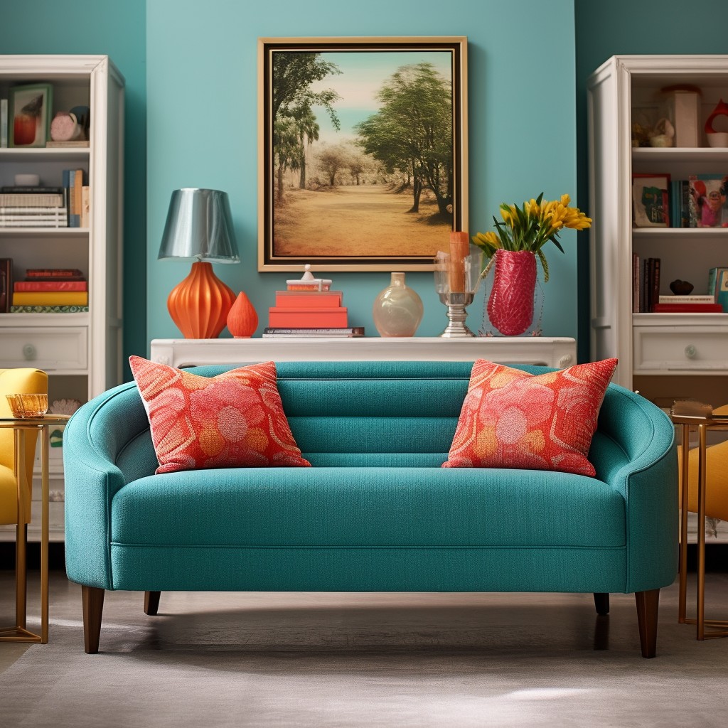 teal boucle loveseat for a pop of color