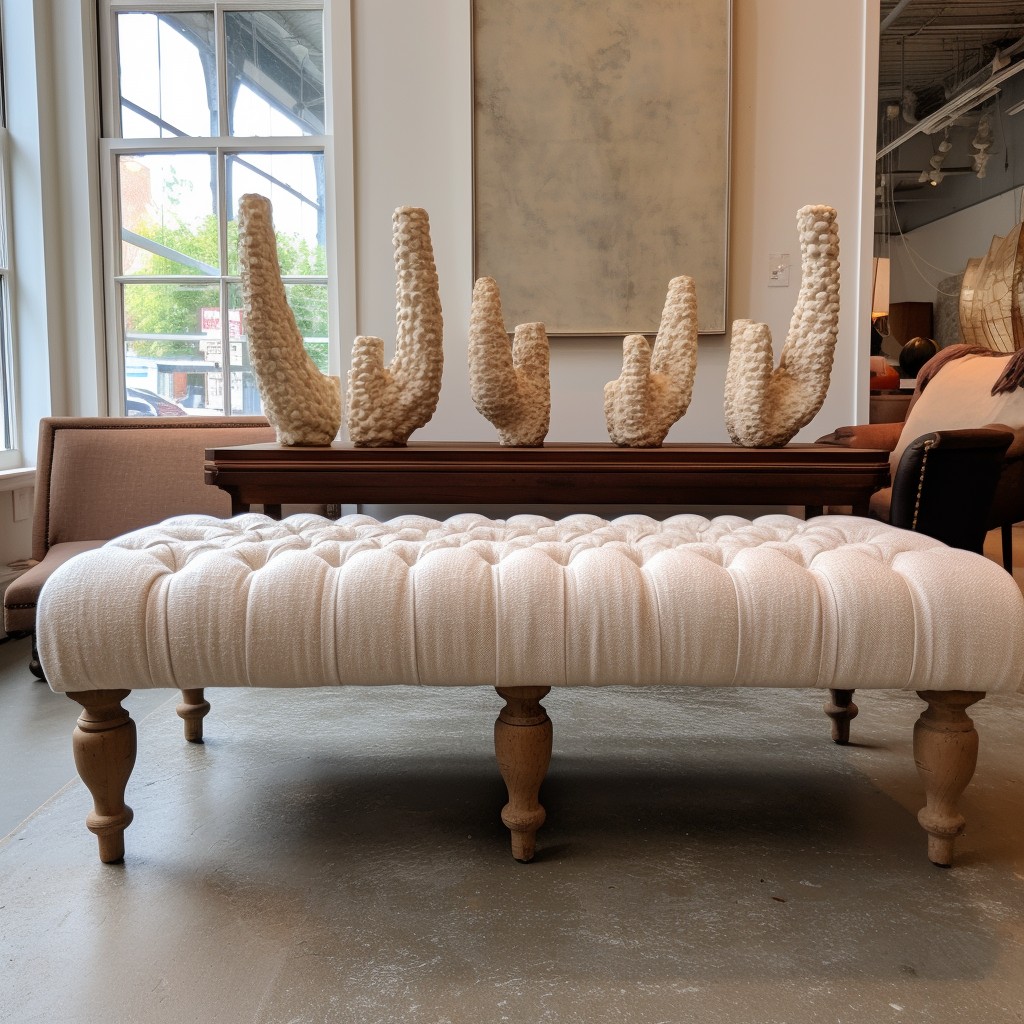 tufted boucle bench with wood legs