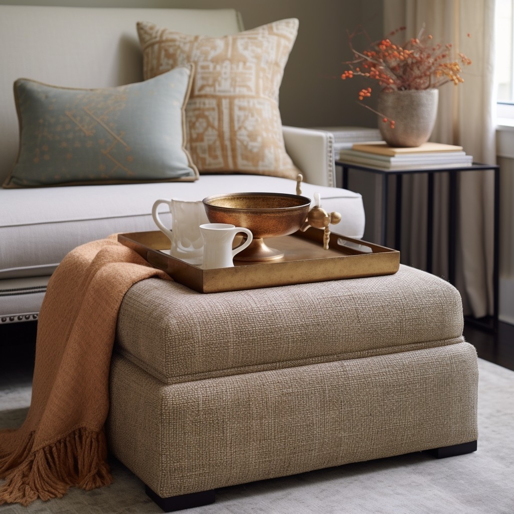 using a tray on a boucle ottoman for a makeshift side table