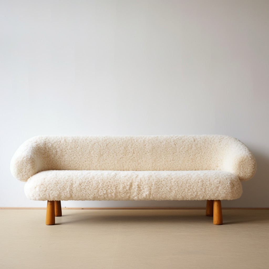 vintage inspired boucle sofa with wooden legs