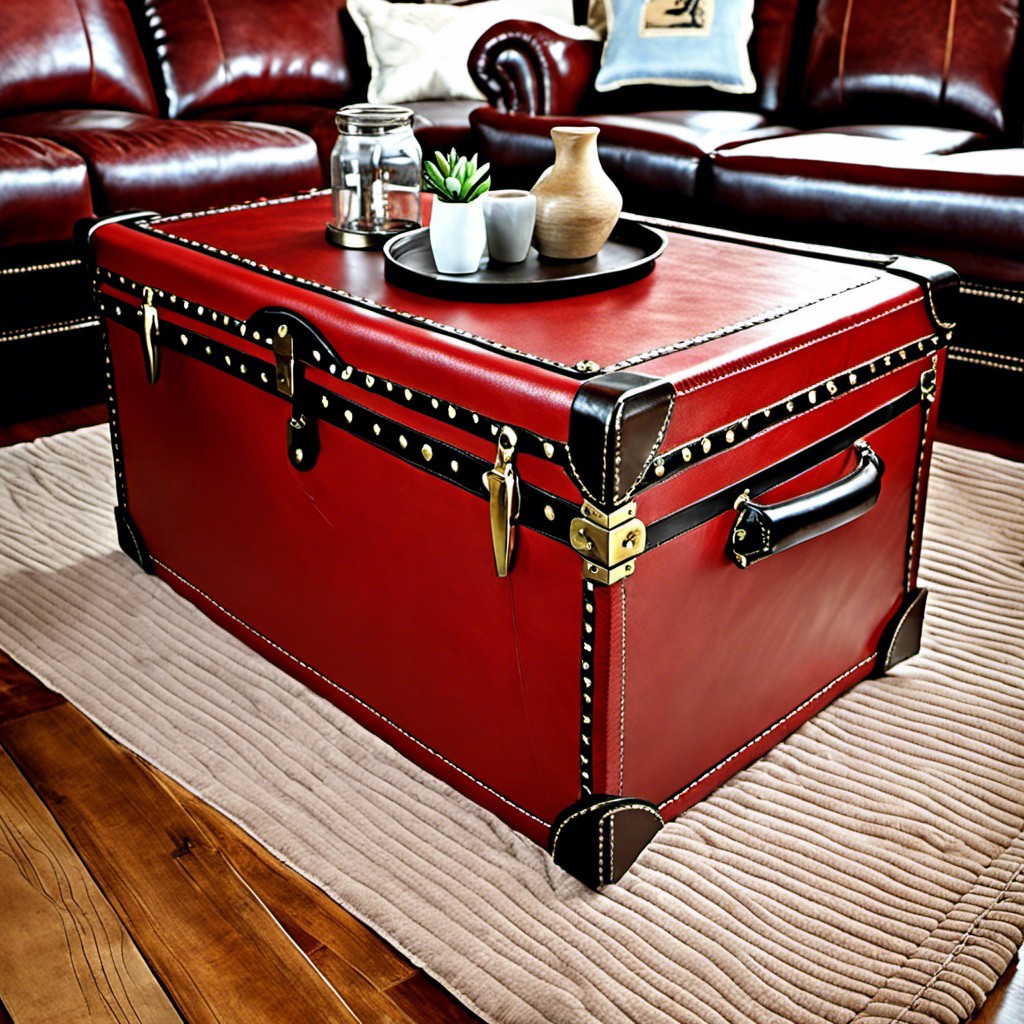 vintage red leather trunk coffee table