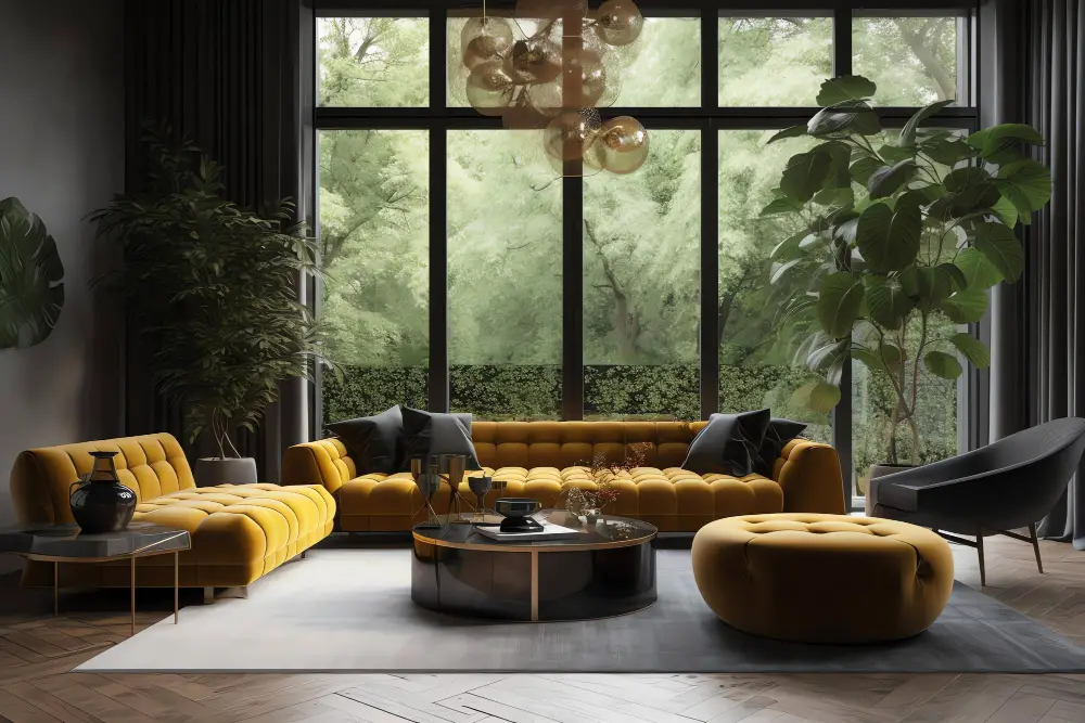 yellow couch with a yellow gold ottoman