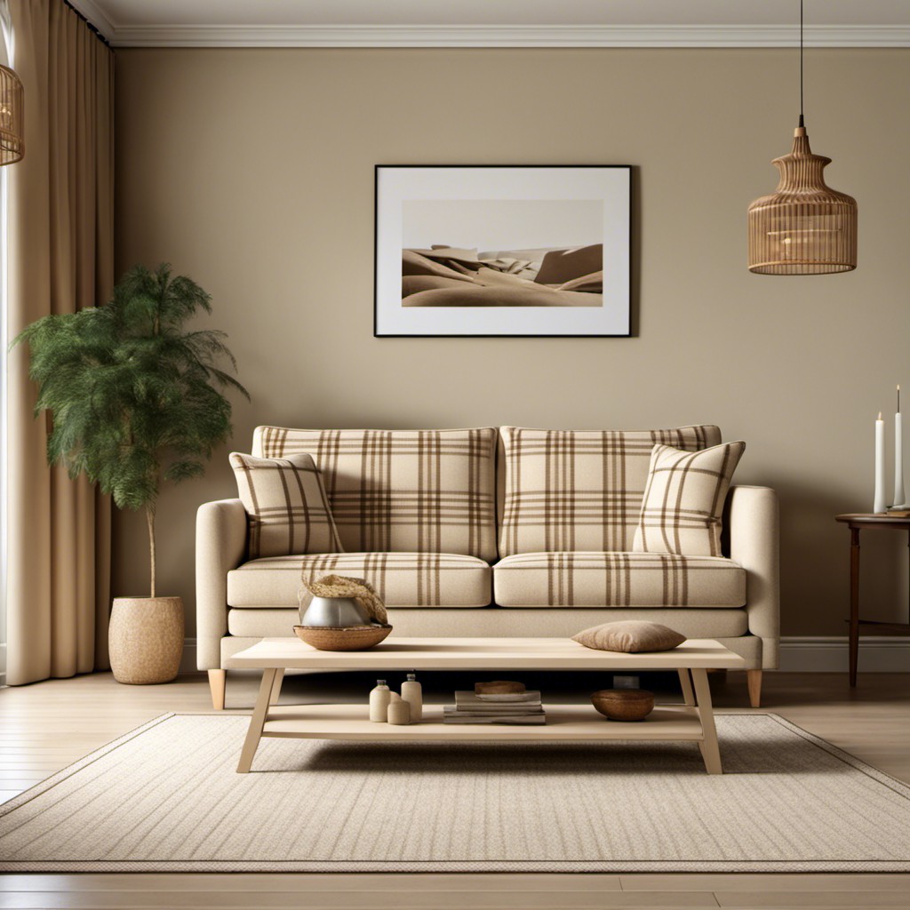 beige and cream plaid sofa for a neutral palette