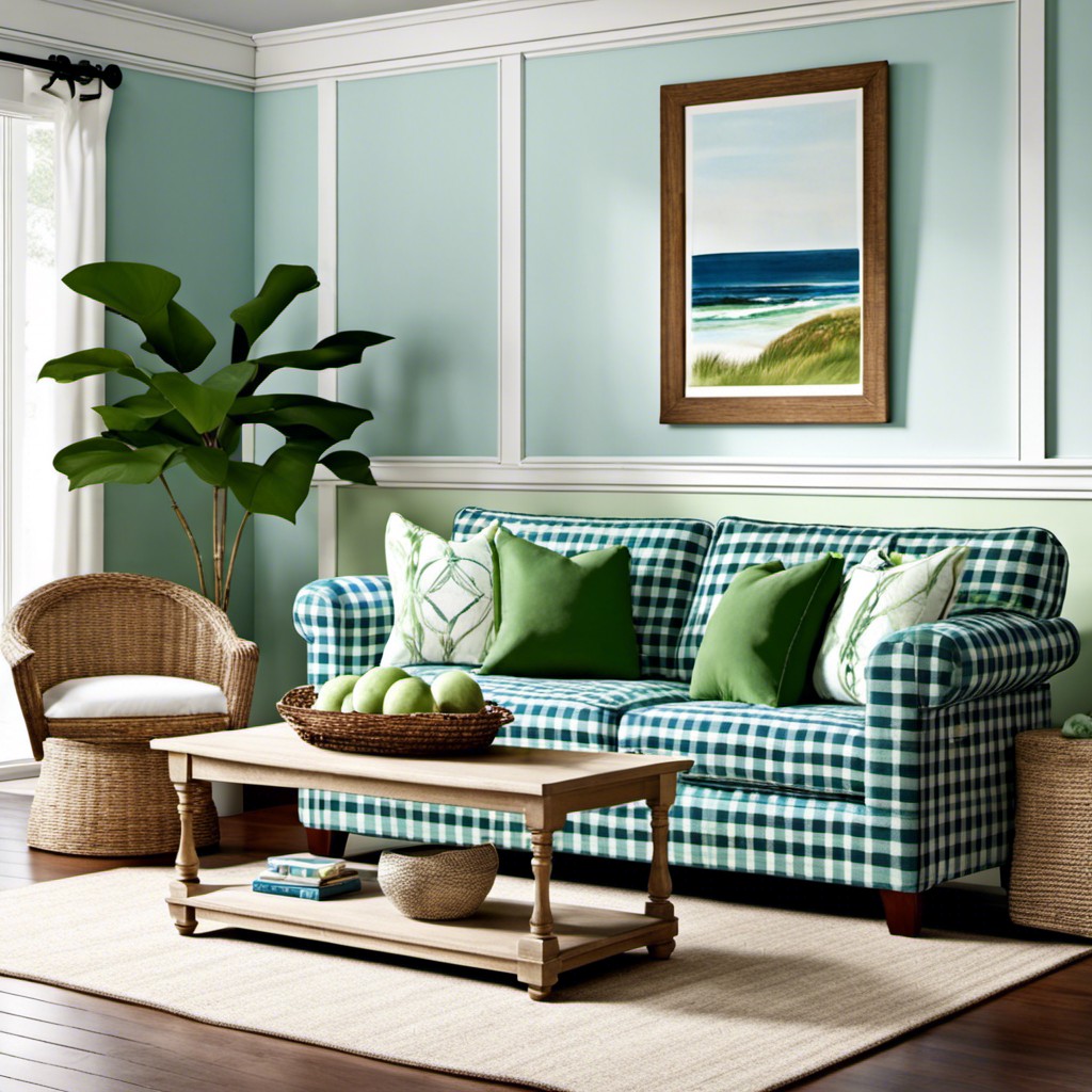 blue and green plaid sofa for a coastal theme
