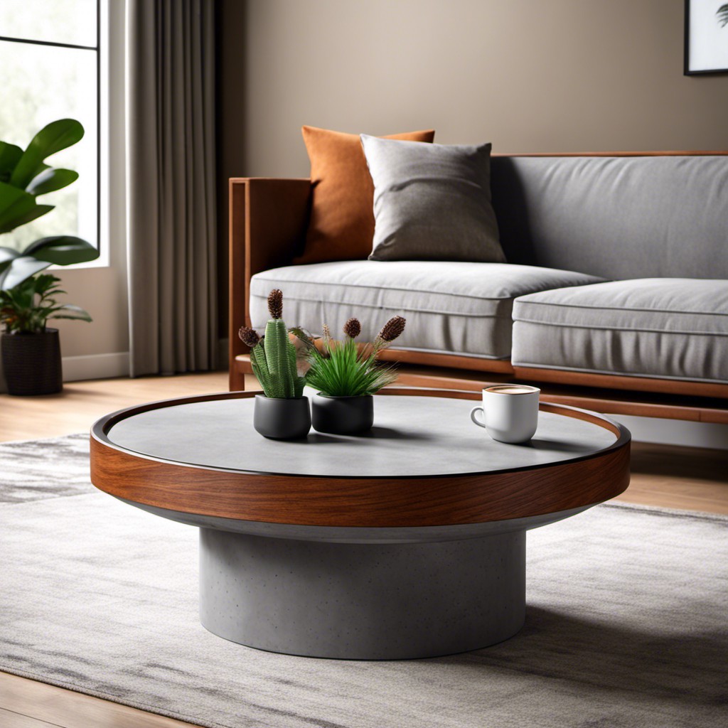 concrete grey coffee table with a warm brown trim