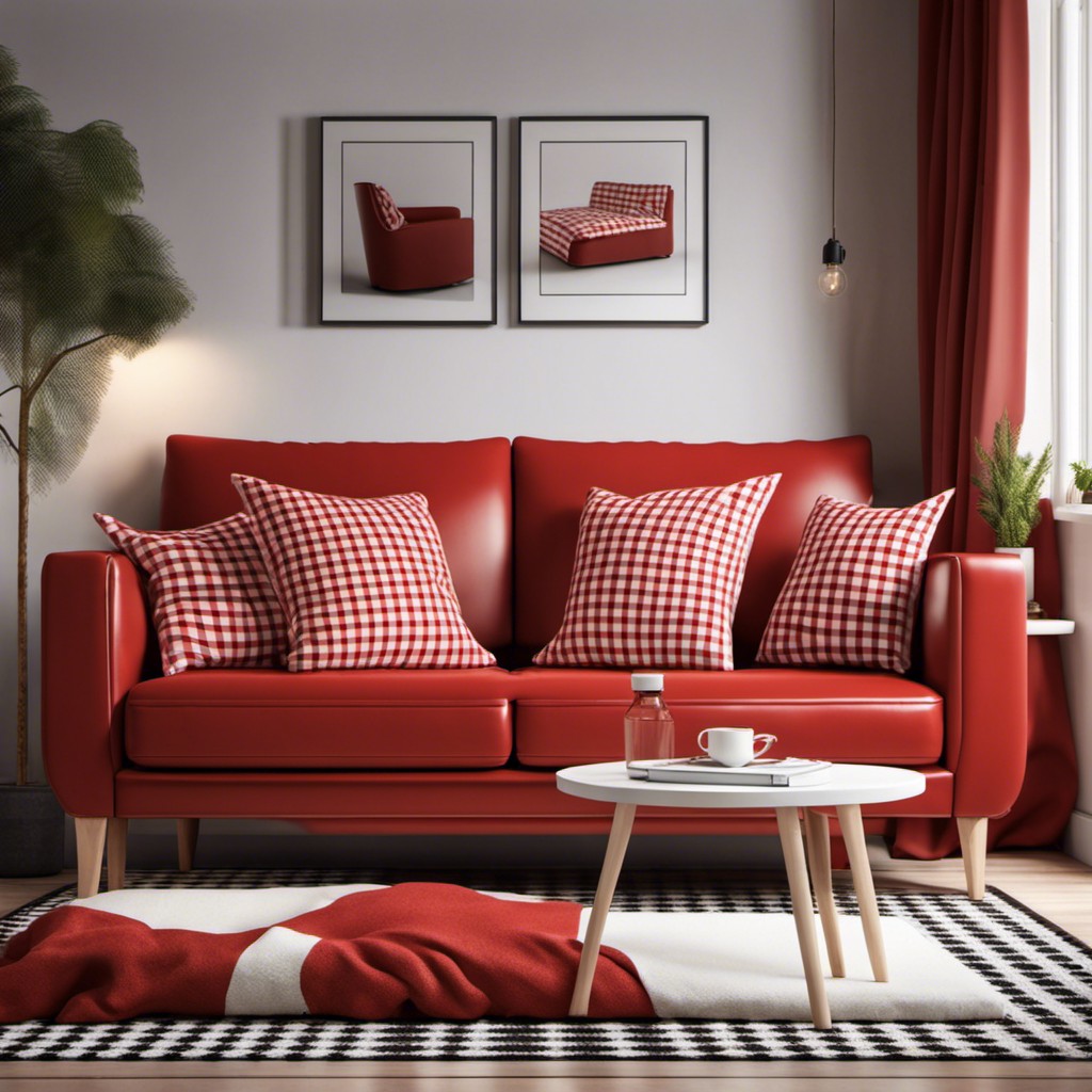 couch with red and white checkered slip covers