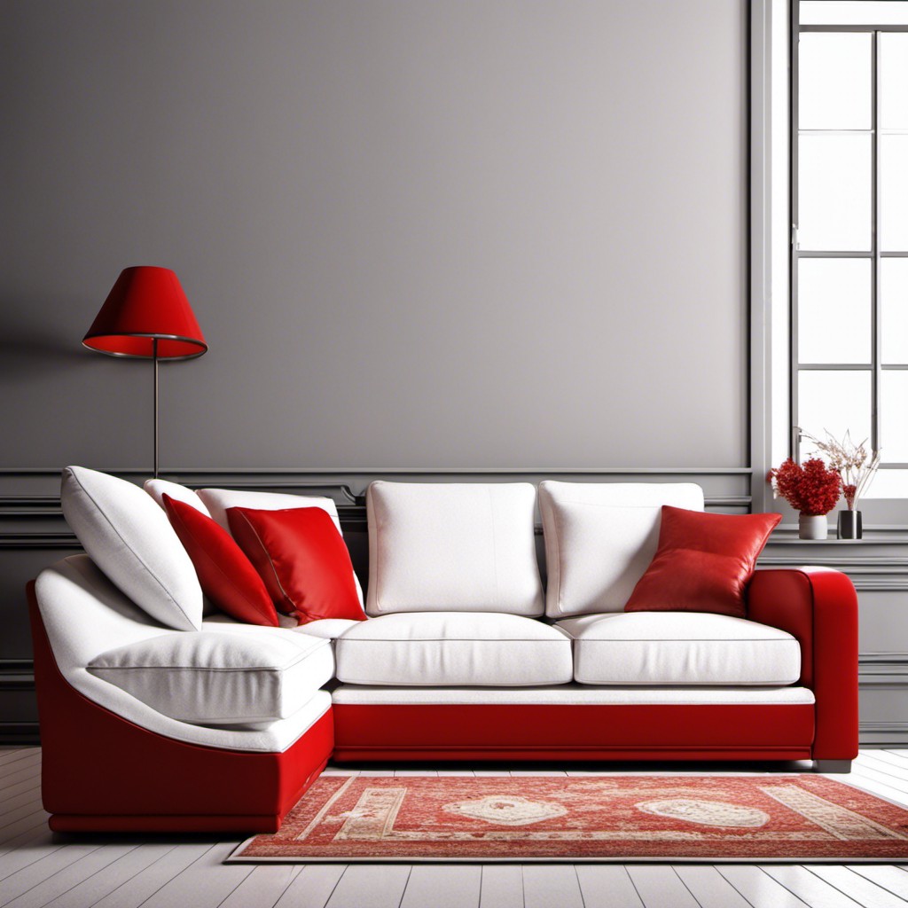 couch with red and white contrasting cushions