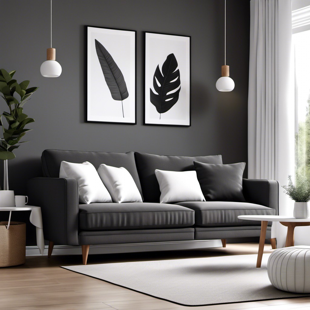 dark gray couch paired with white furniture