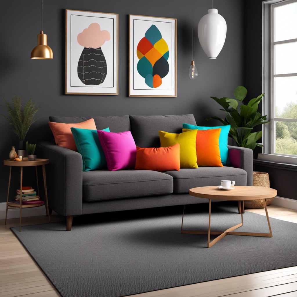 dark gray couch with colorful pillows