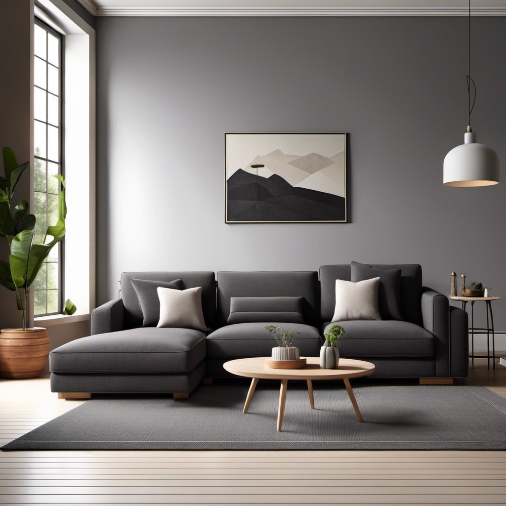 dark gray couch with light gray rug