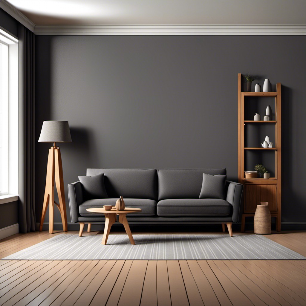 dark gray couch with wooden legs