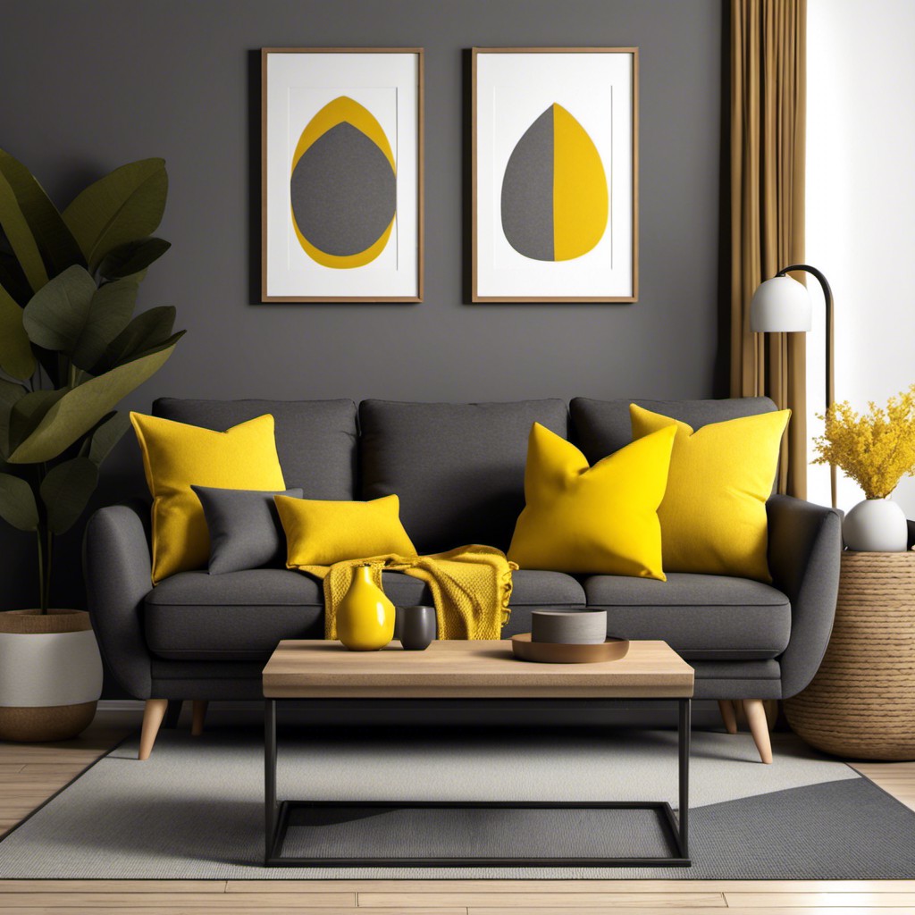 dark gray couch with yellow accents