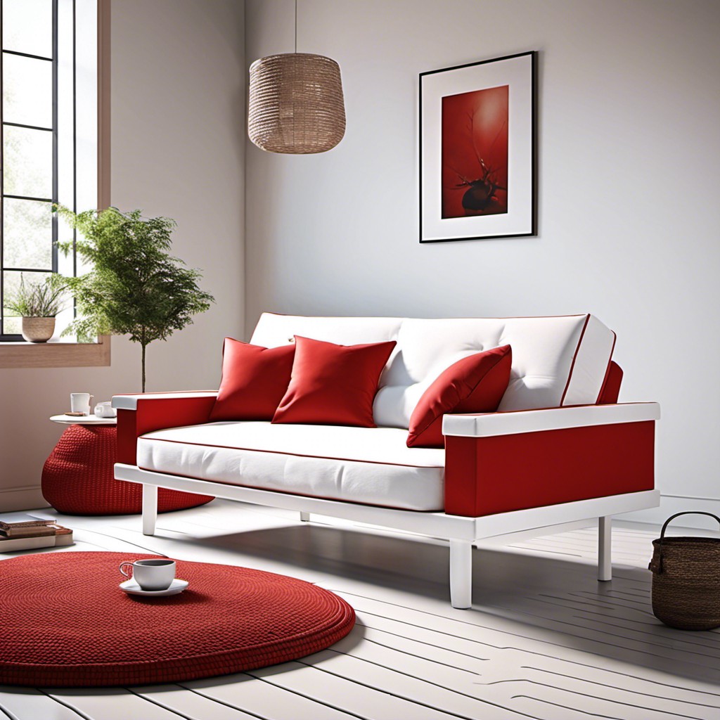 futon style couch in pure white and red