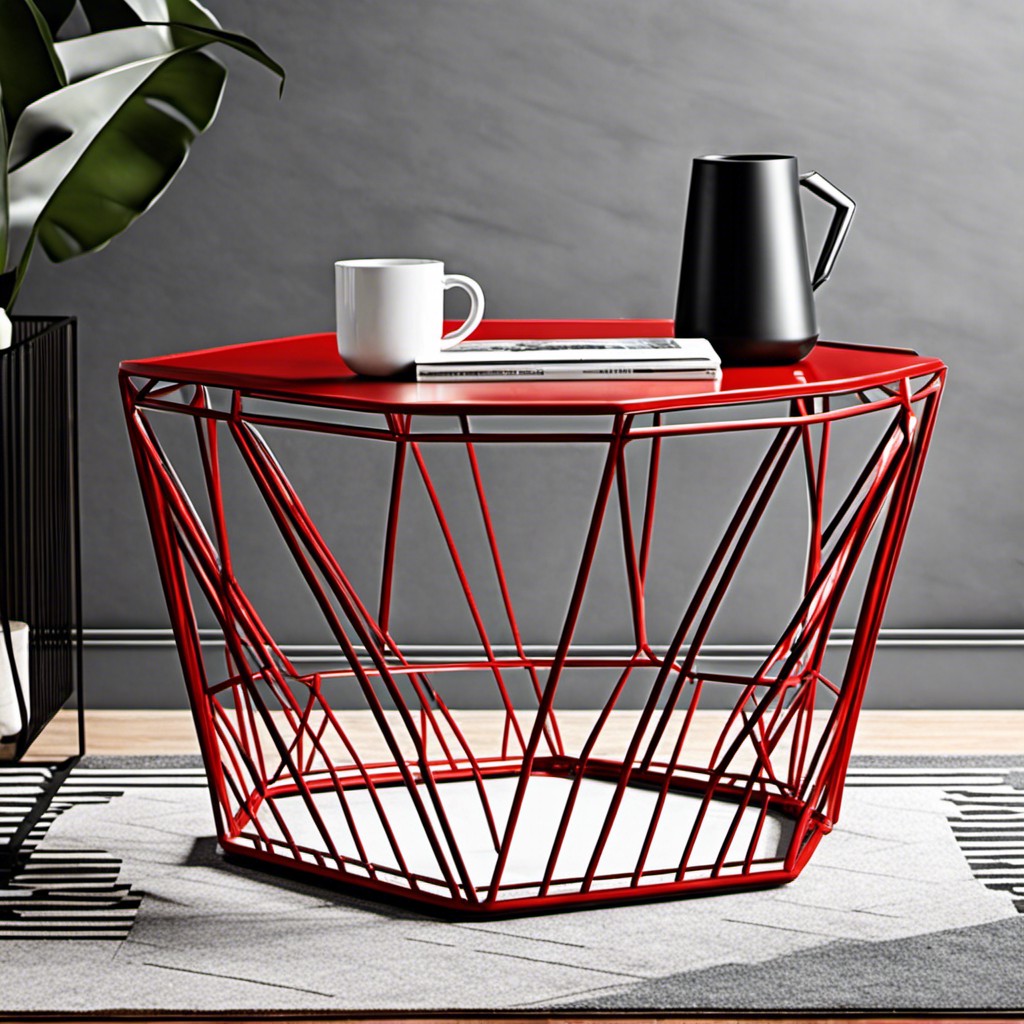 geometric red metal wire coffee table