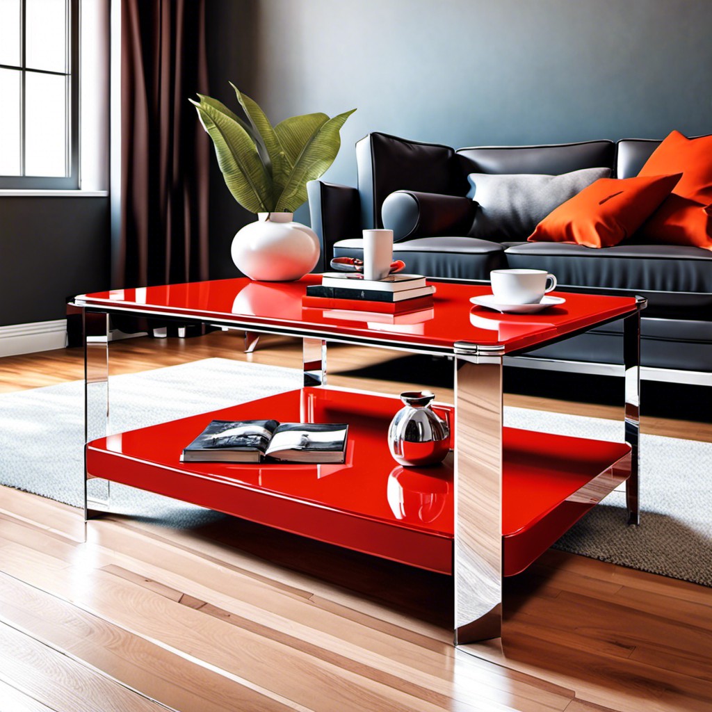 glossy red perspex coffee table on chrome legs