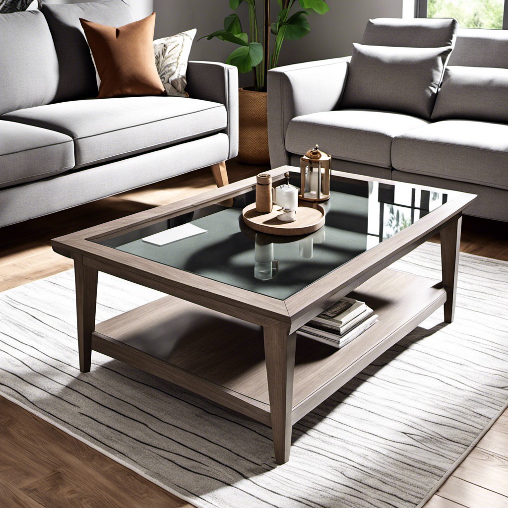 grey brown coffee table with a glass top