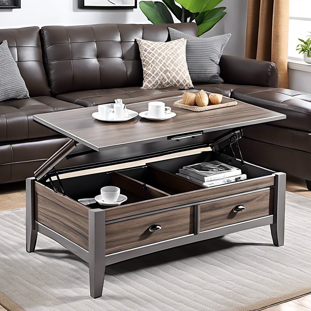 grey brown coffee table with a pop up top for storage