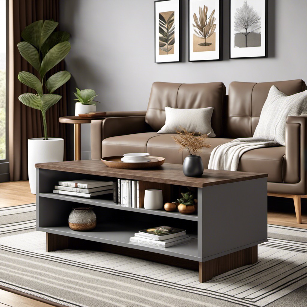 grey brown coffee table with built in bookshelf