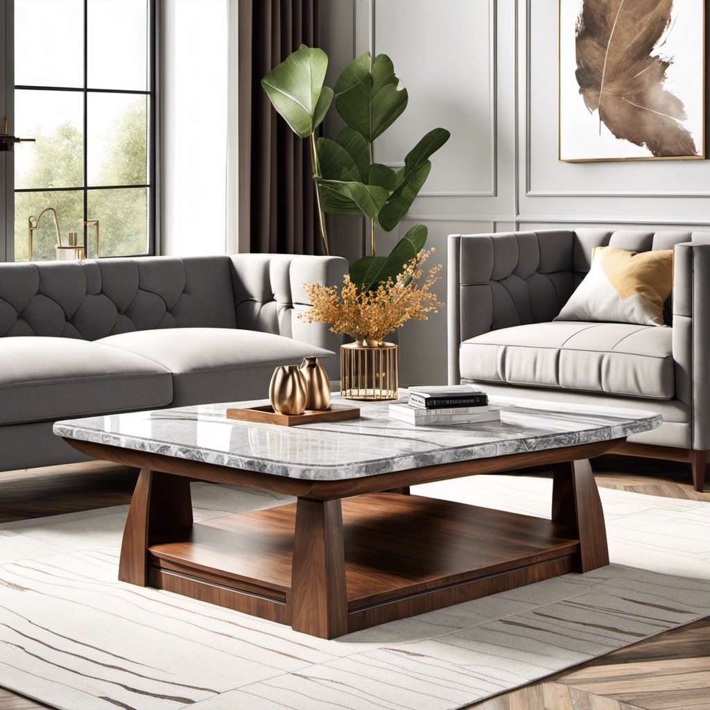 grey marble coffee table with a brown wooden base