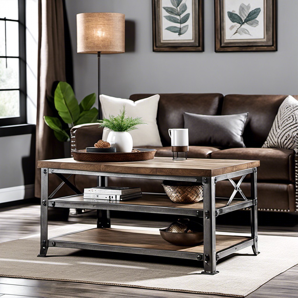 industrial style metal and wood coffee table in grey brown