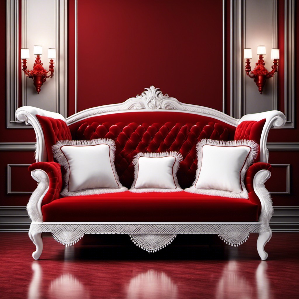 luxurious red velvet couch with white fringe