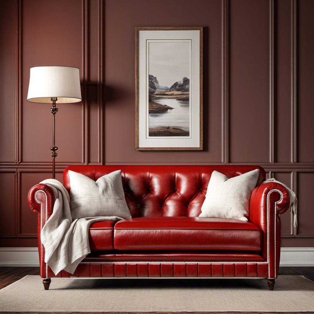 mixed material couch featuring red leather and white linen