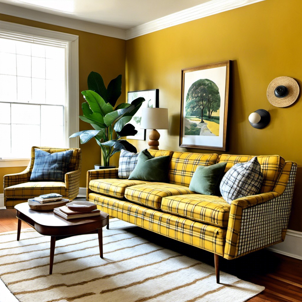 mustard yellow plaid sofa for a mid century feel