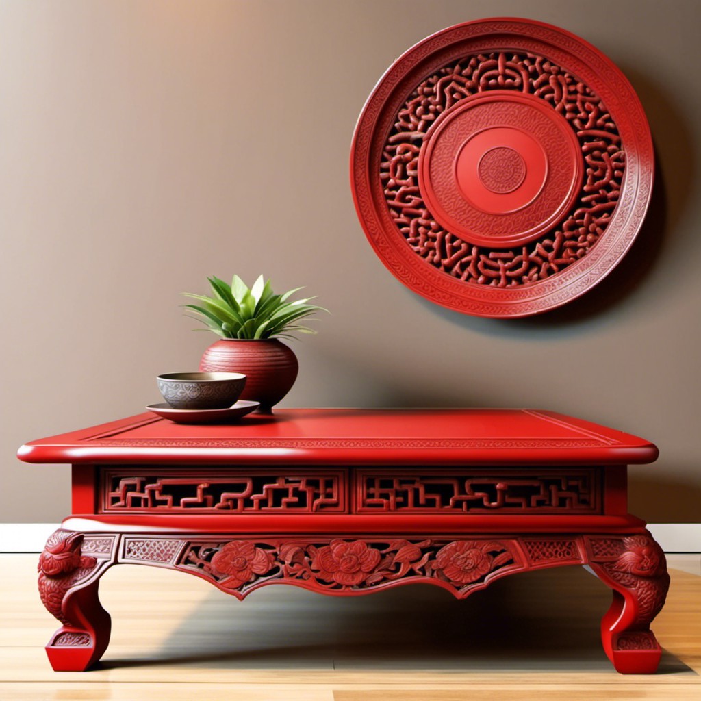 oriental red carved wood coffee table