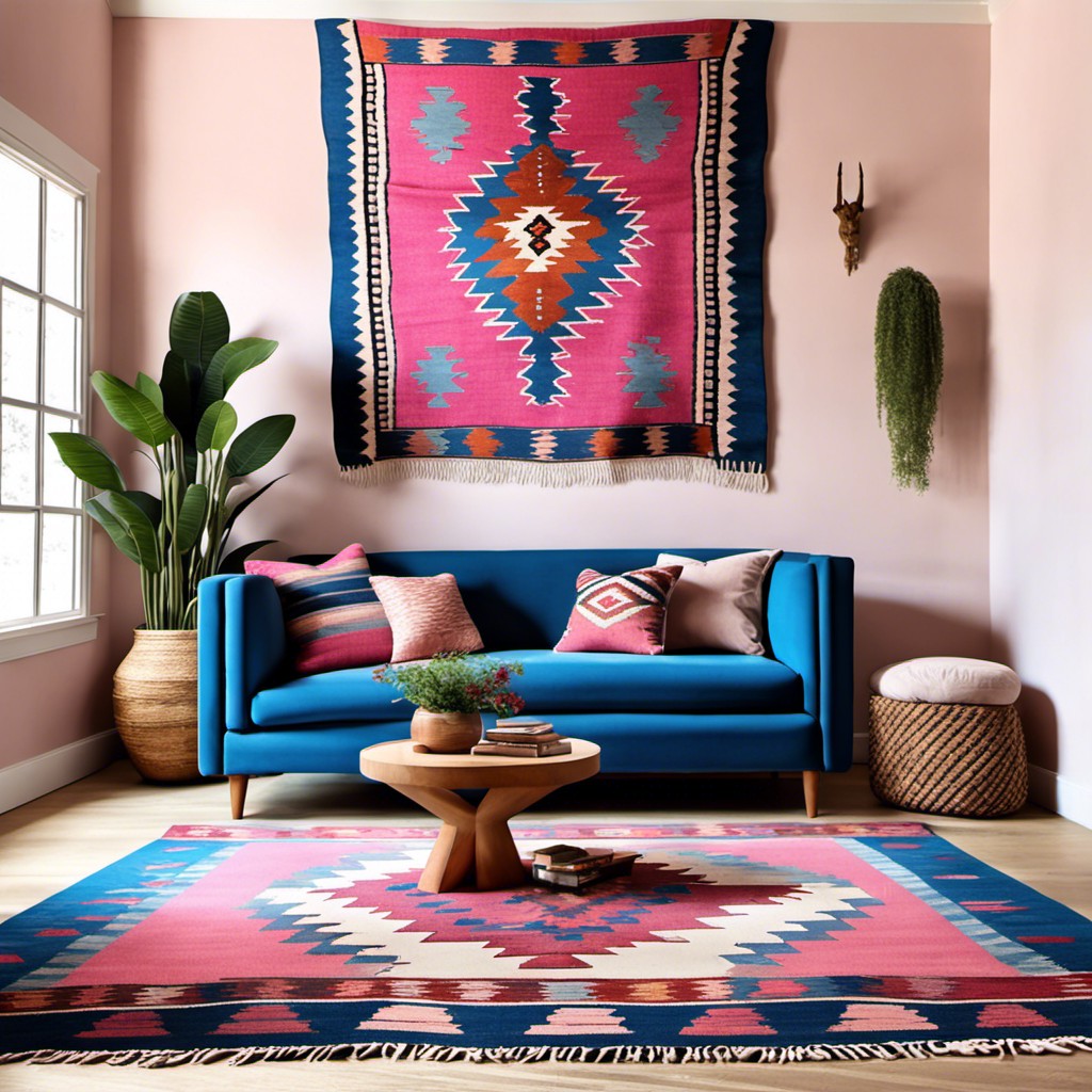 pink and blue kilim rug