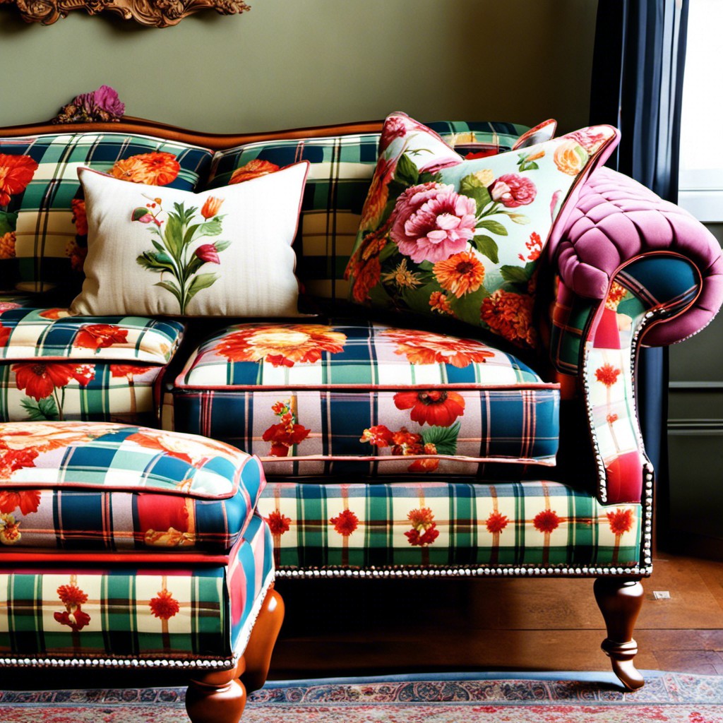 plaid and floral mixed pattern sofa
