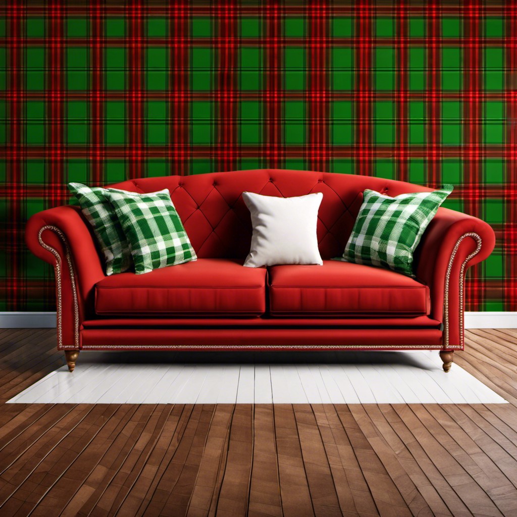 plaid sofa in holiday red and green tones