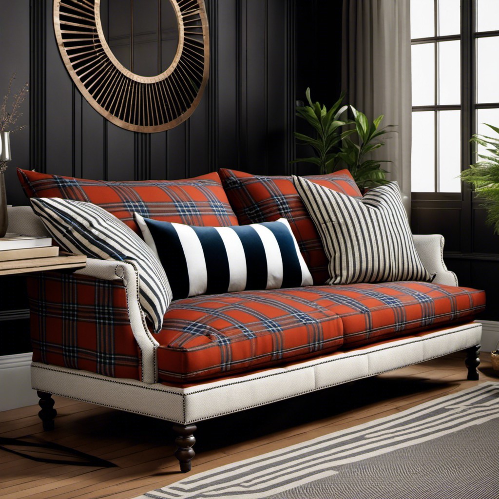 plaid sofa with contrasting striped pillows