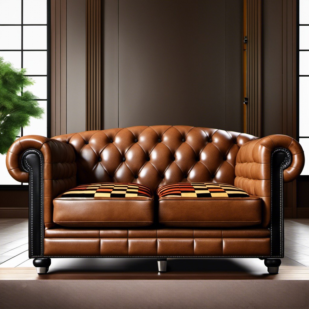 plaid sofa with leather armrests
