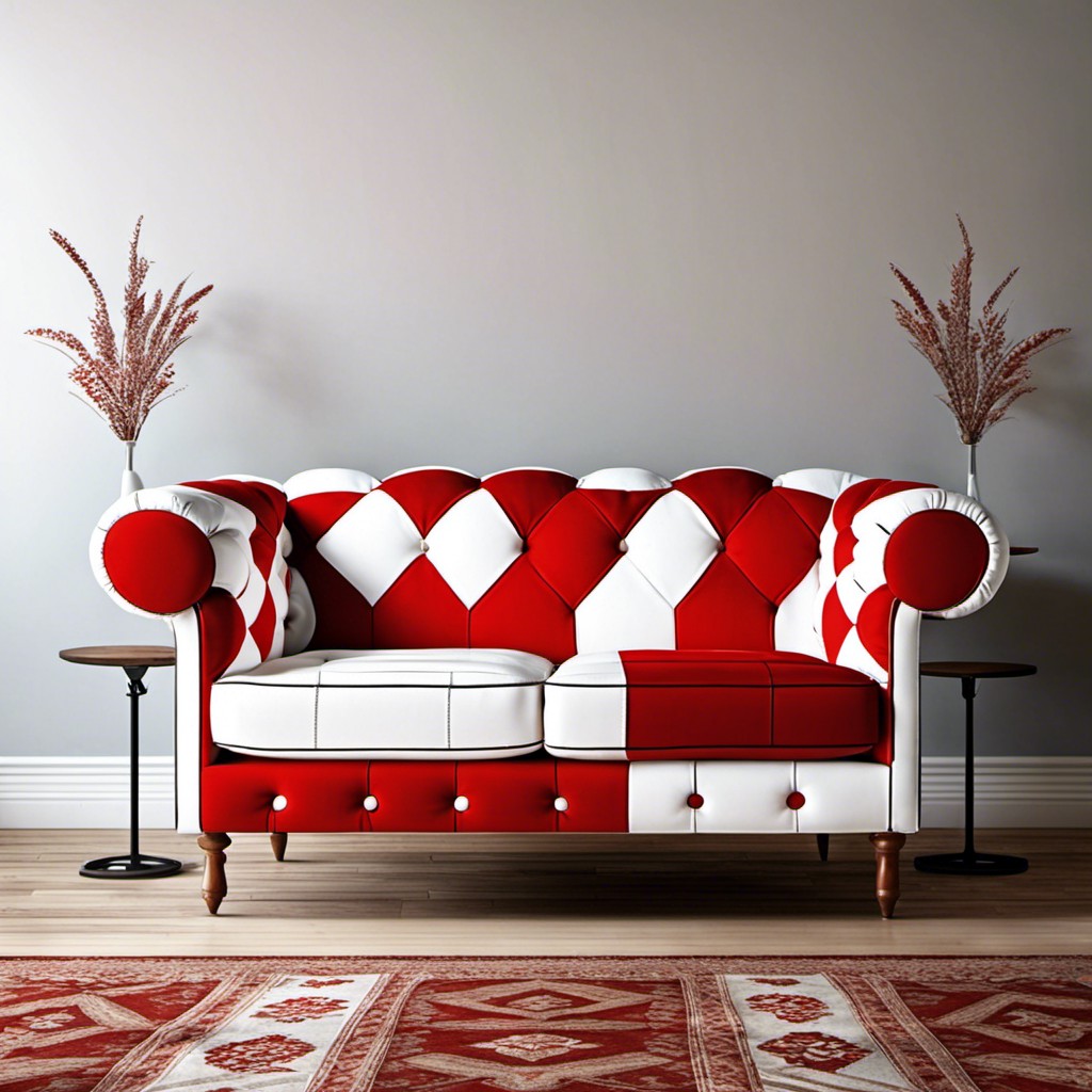 red and white patchwork fabric couch