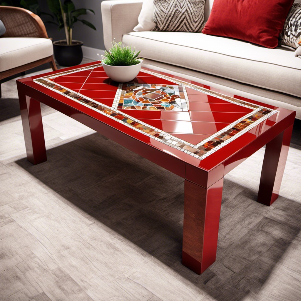 red coffee table with mosaic tile inlay