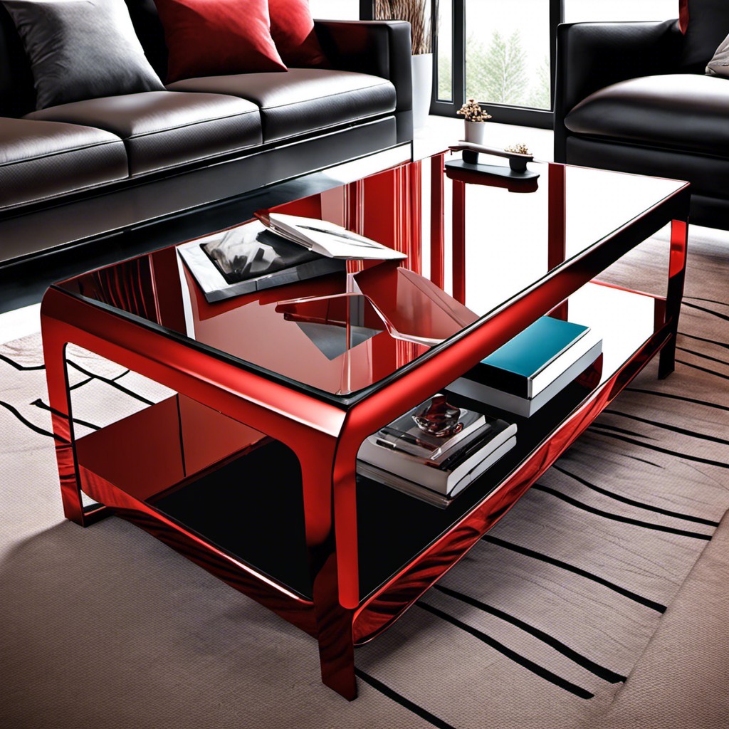 red metallic coffee table with glass top