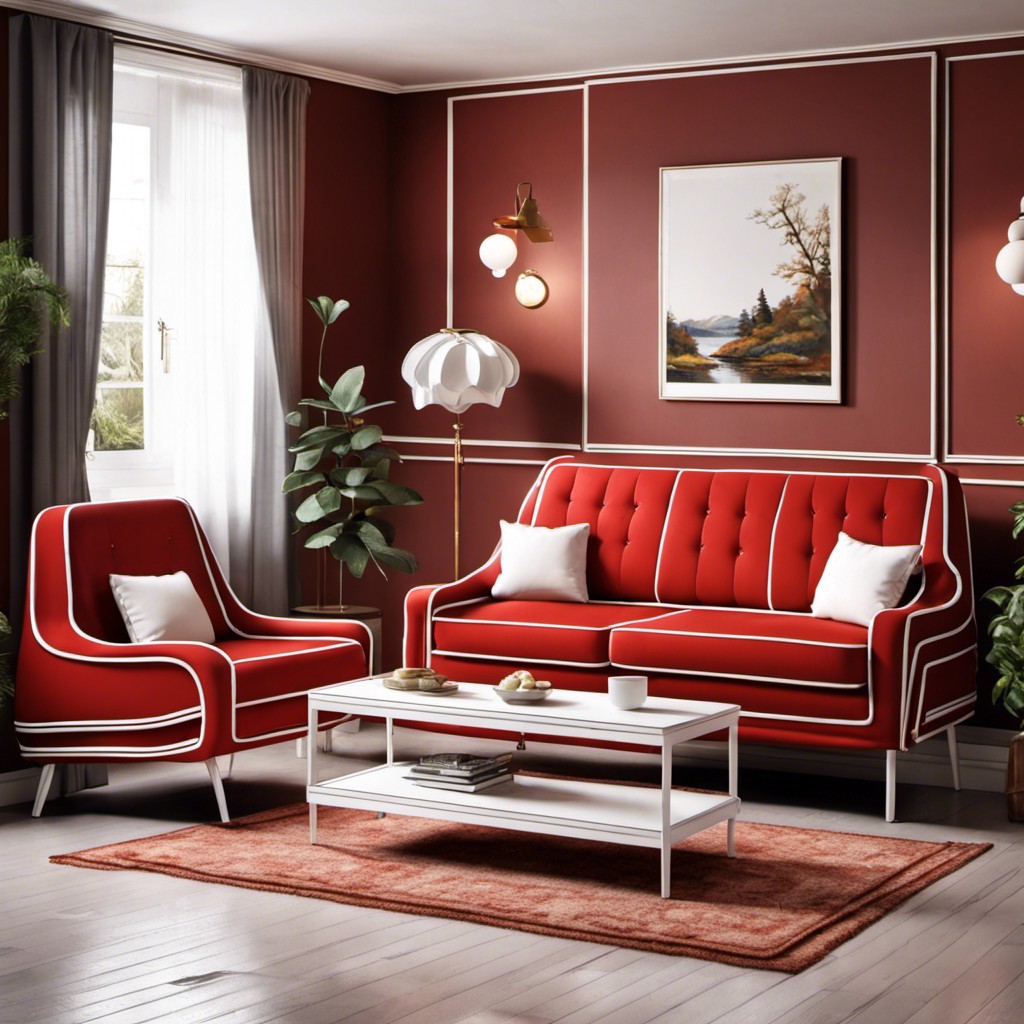 retro style red couch with white piping