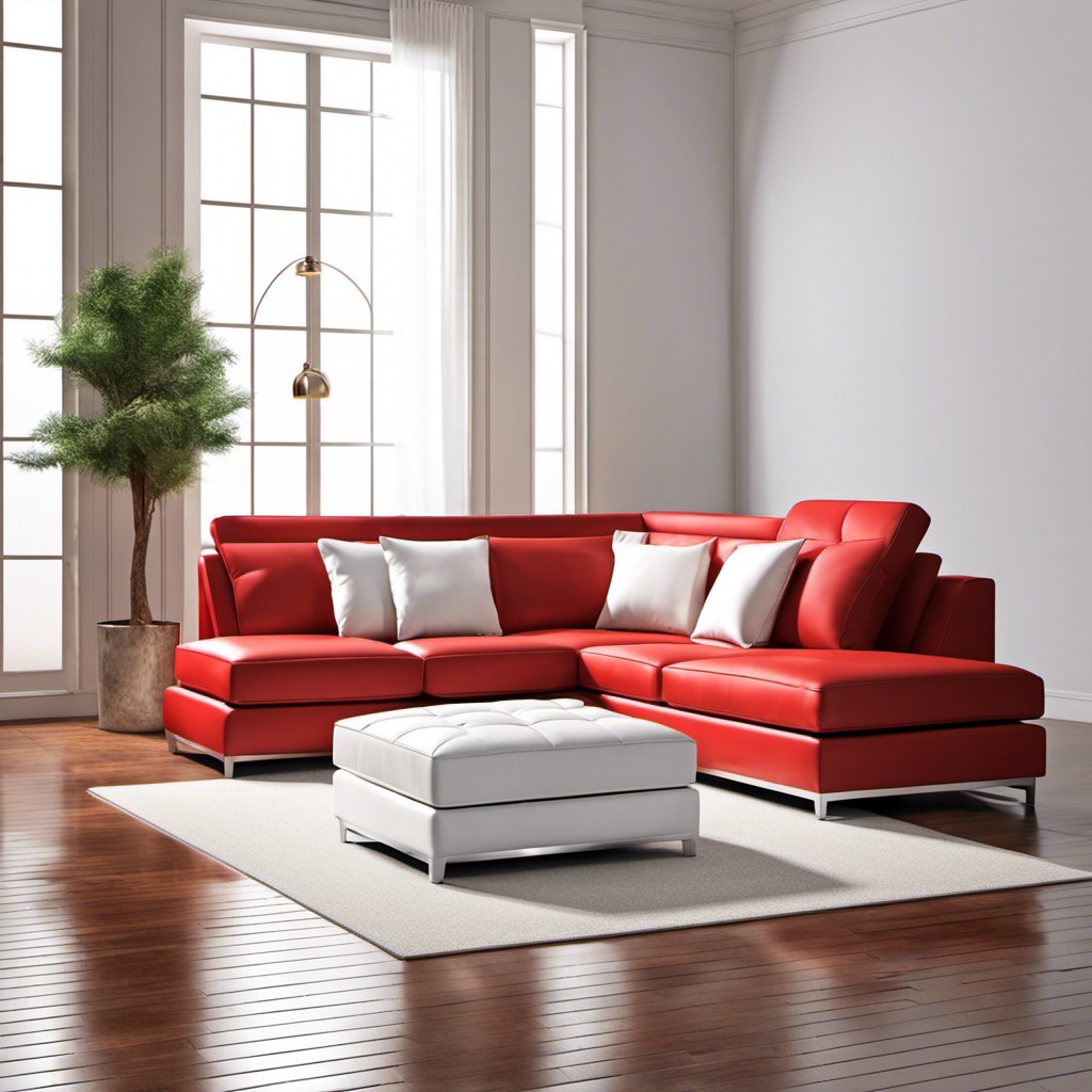 sectional couch in white with red footrest