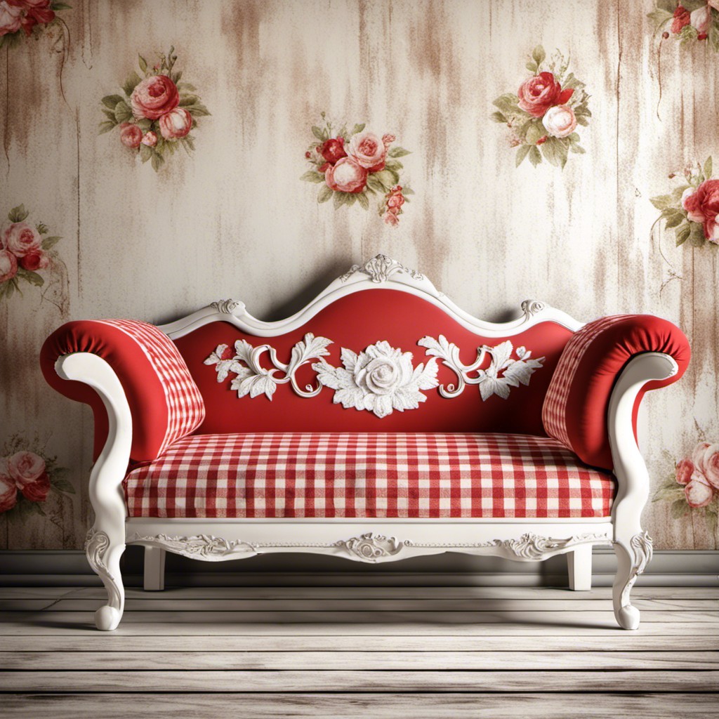 shabby chic couch with distressed red and white fabric
