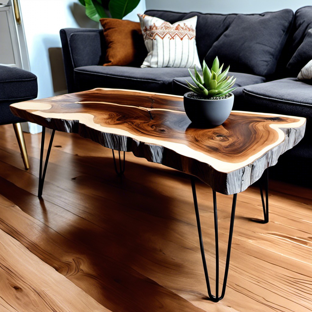 slab cut grey brown coffee table on hairpin legs