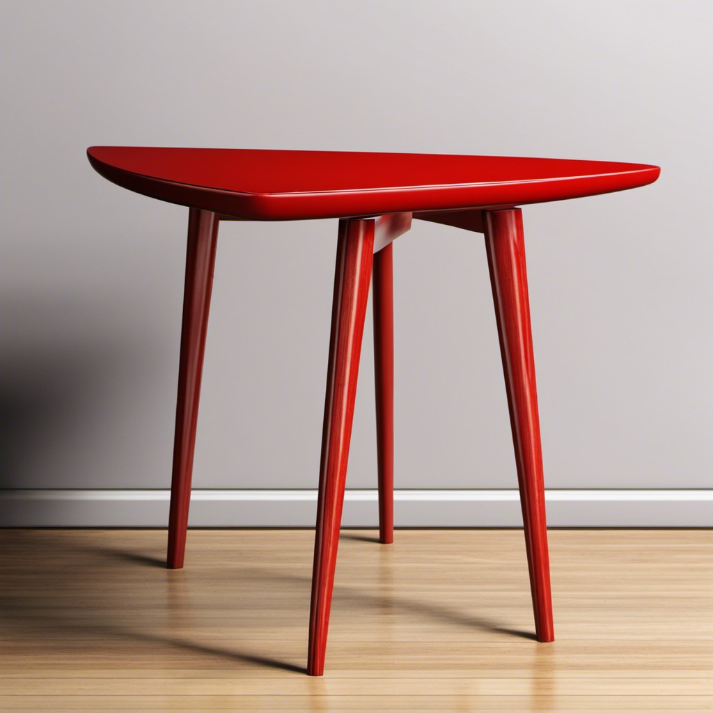 sustainable wooden red triangular coffee table