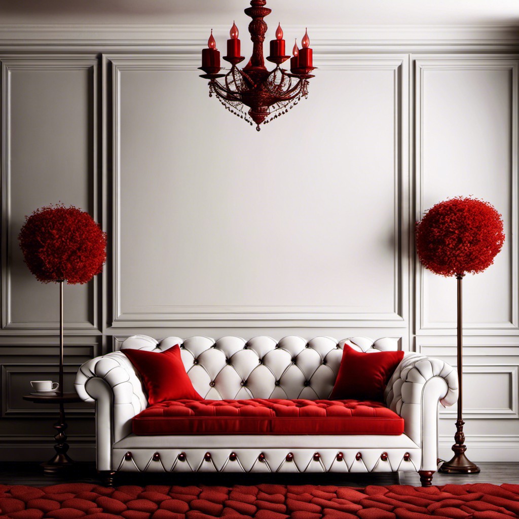 tufted white couch accented by red pillows