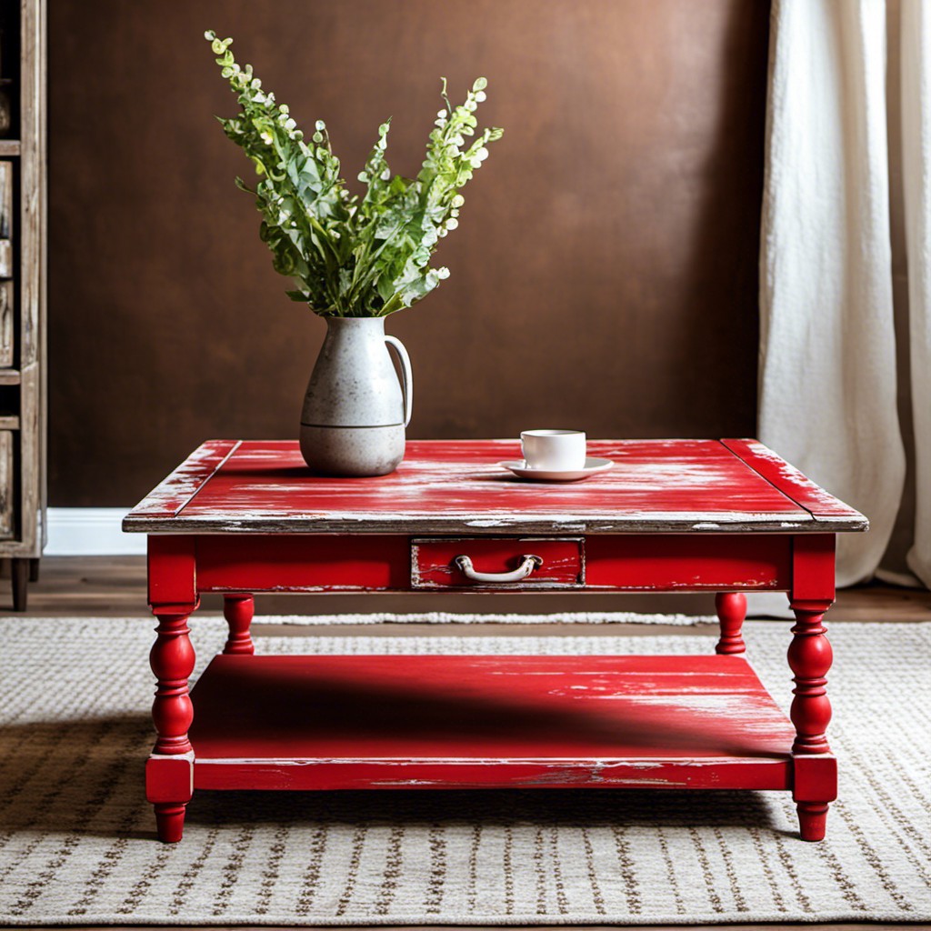 vintage red distressed wood coffee table