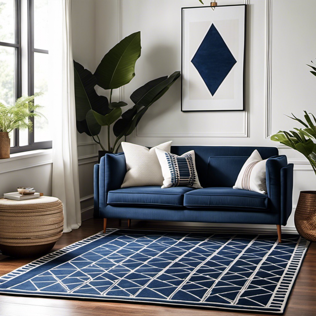 white and navy geometric rug