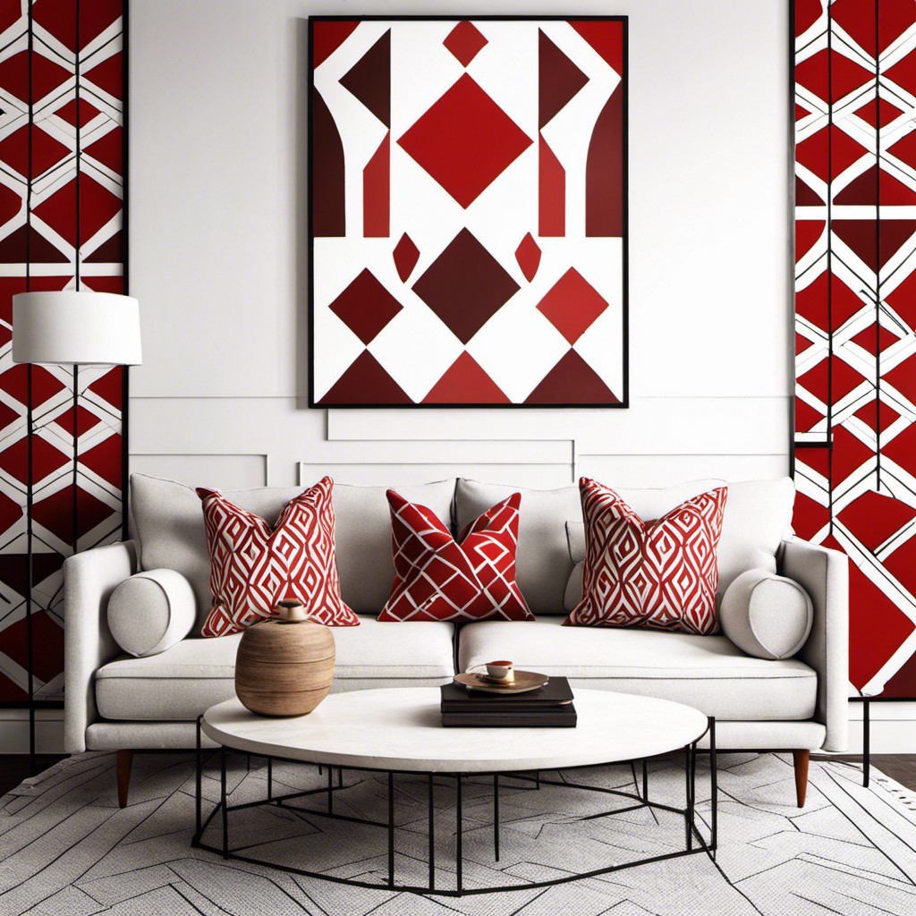 white couch with bold red geometric patterns